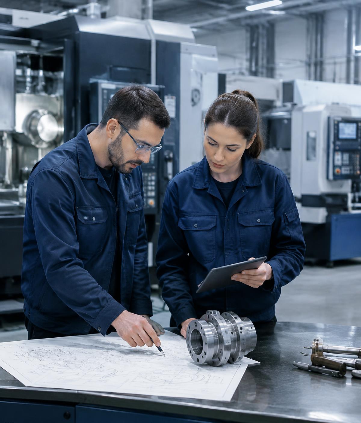 Engineer reviewing technical equipment in an industrial environment